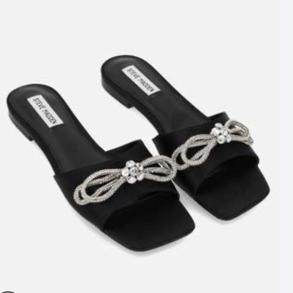 Steven Madden Veda Diamond Bow Flat Sandals Black Satin
